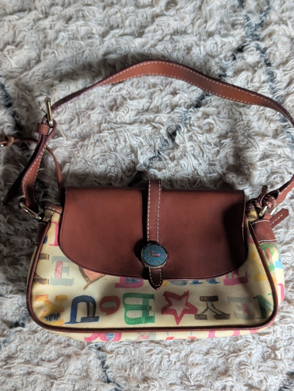 Dooney & Burke Vintage Leather-Trim Shoulder Bag with Printed Letters
